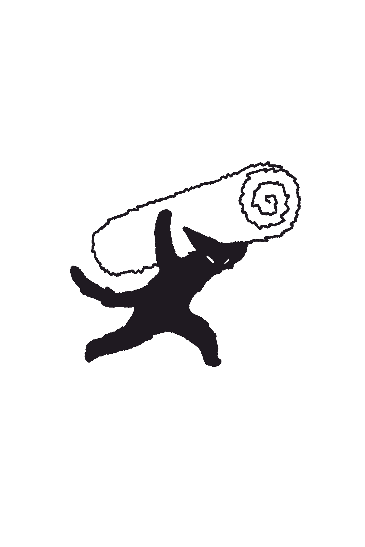 A black cat holding a large rolled-up carpet or rug overhead. The cat's pose suggests effort or triumph.
