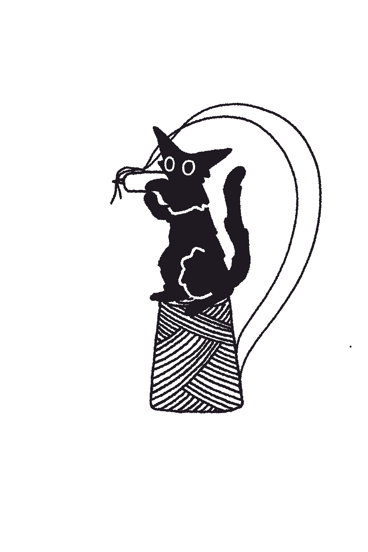 A drawing of a cat holding a tufting fun, sitting on a roll of yarn.