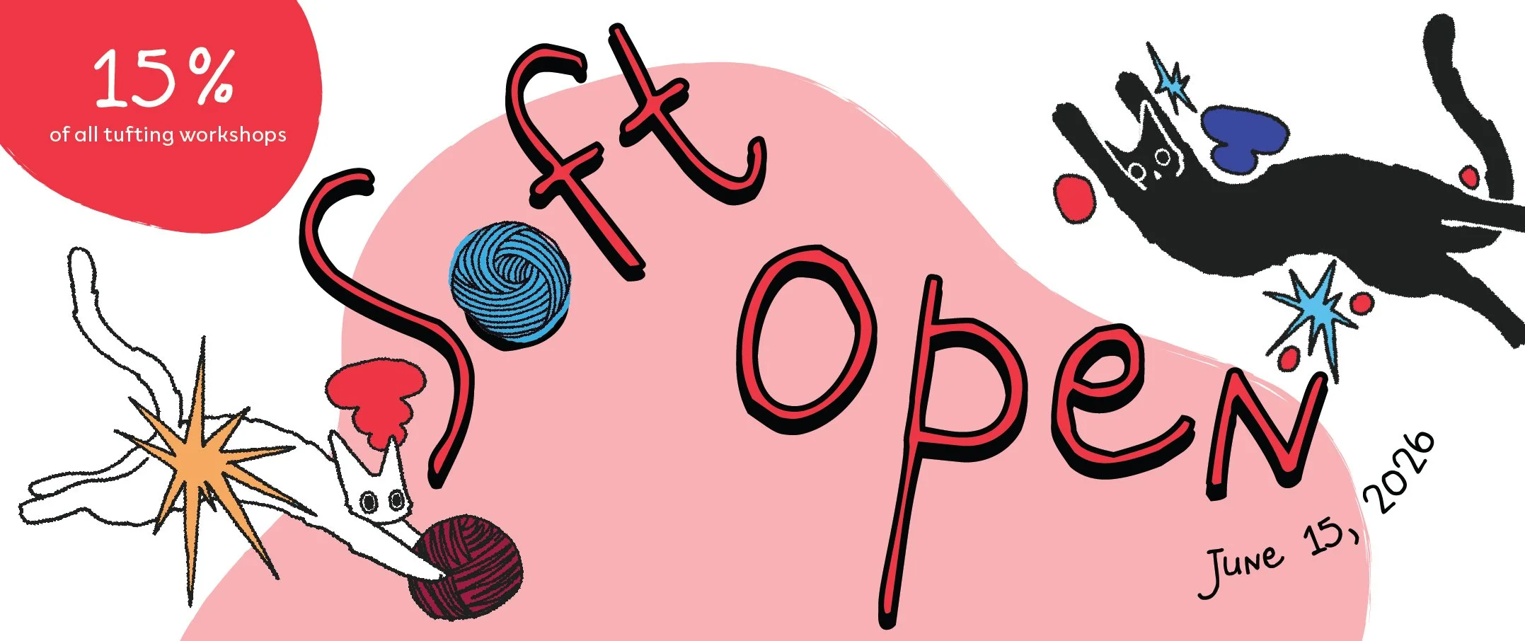 A colorful poster promoting a event called 'Knit & Shop' scheduled for June 15, 2026. The design features playful drawings of yarn balls, a knitting needle, stars, and a black bird. There is a red circle with white text indicating that 15% of all tufting workshops are involved