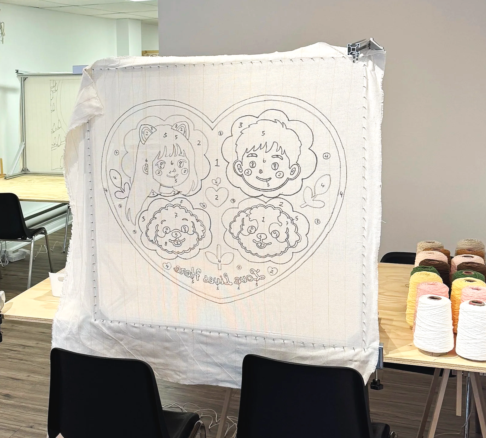 Tufting frame with the image traced on the fabric, color-coded, and yarn pre-selected. Everything is set up and prepared before the workshop start.
