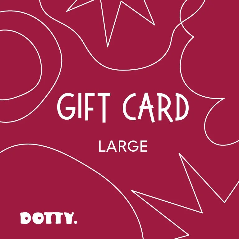 Large gift card from Dotty with a maroon background and white abstract line designs.