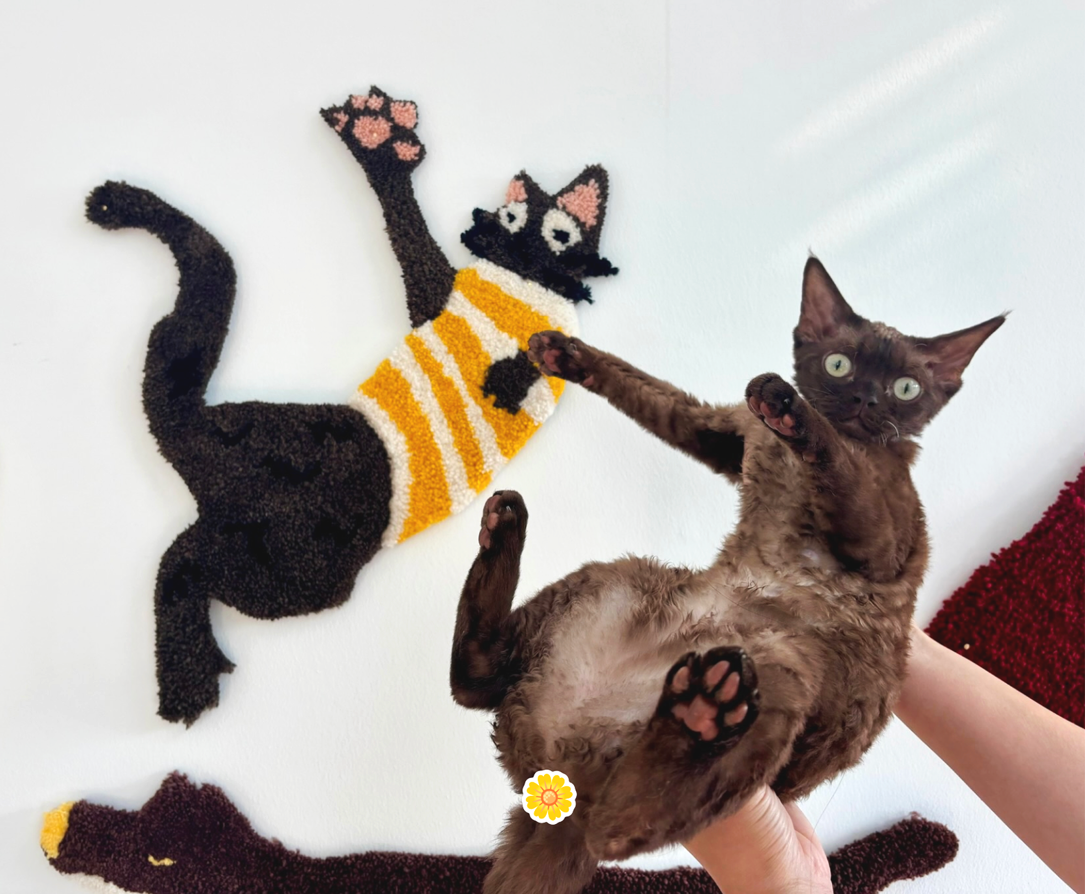 A brown kitten with green eyes and pink paw pads, held up by a human hand, laying on a white surface with a cat-shaped rug behind it, and parts of the rug's tail and paws visible.