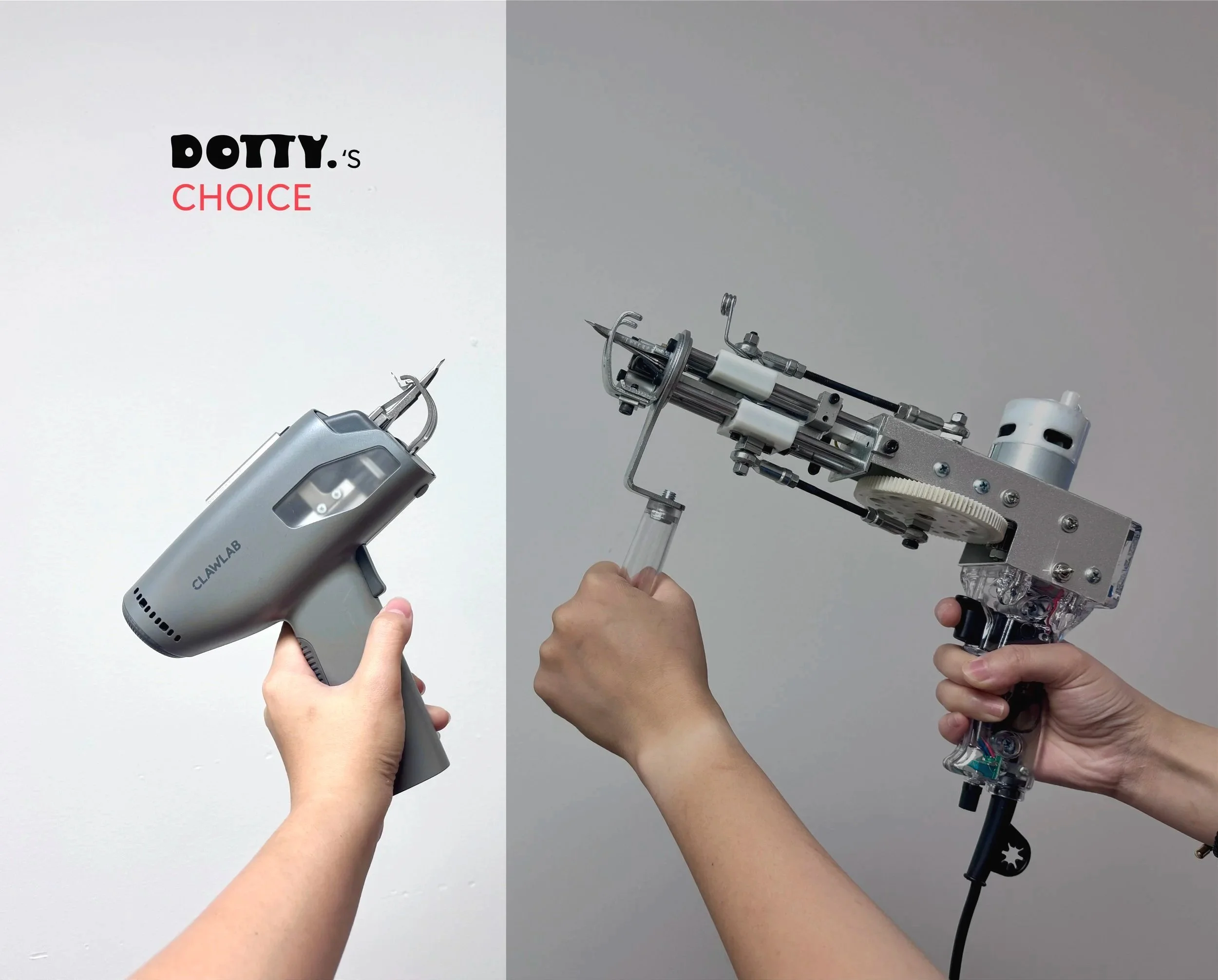 Two tufting guns are being compared. On the left is the Clawlab tufting gun, which is lighter and easy to use, on the right is the traditional tufting gun, which is very heavy and need two hands to handle it.