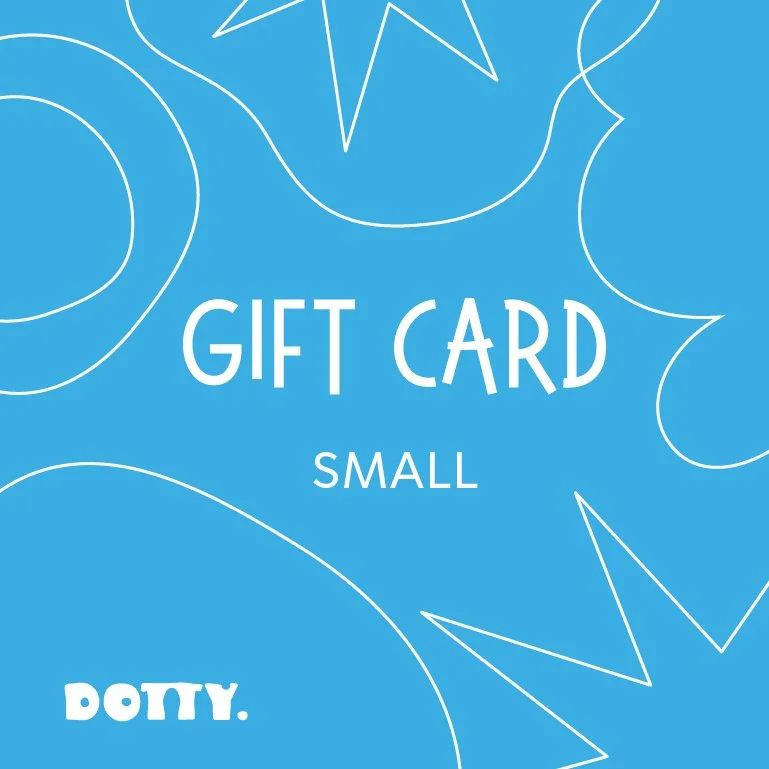 Blue gift card with white line drawings and text that reads "Gift Card Small" and a small dotty logo at the bottom left.