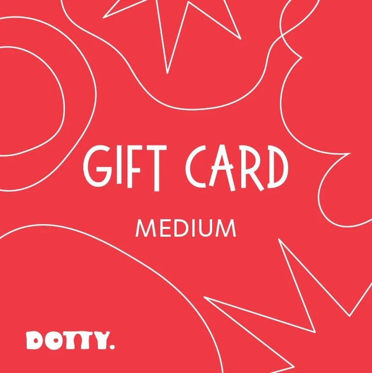 Red gift card with white outlined abstract shapes and text: 'GIFT CARD MEDIUM' and the brand name 'DOTTY' at the bottom left.