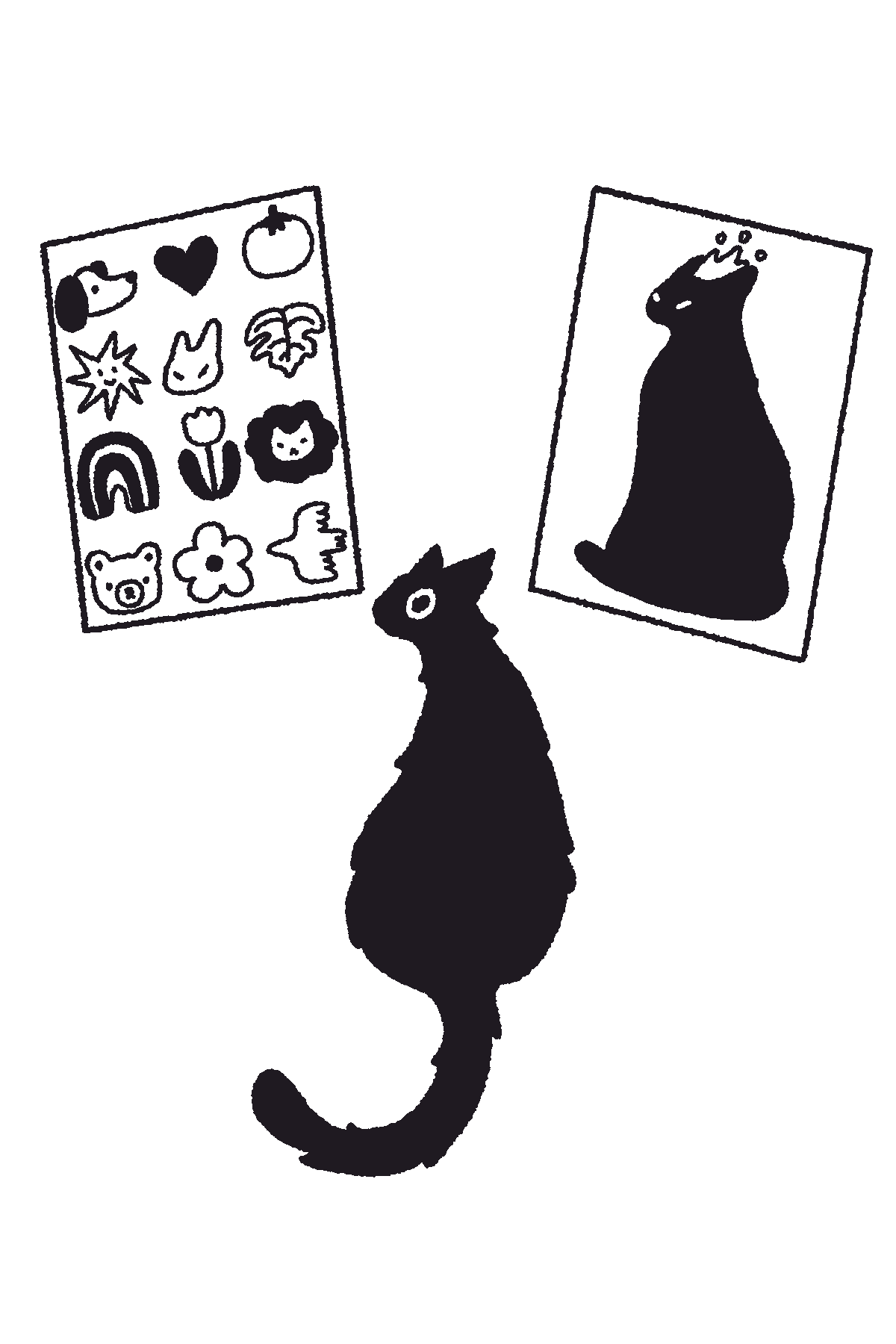 A black cat looking at two pictures on a black background, one with various doodles including a rainbow, flower, and animal faces, and the other with a larger profile image of a sitting cat.