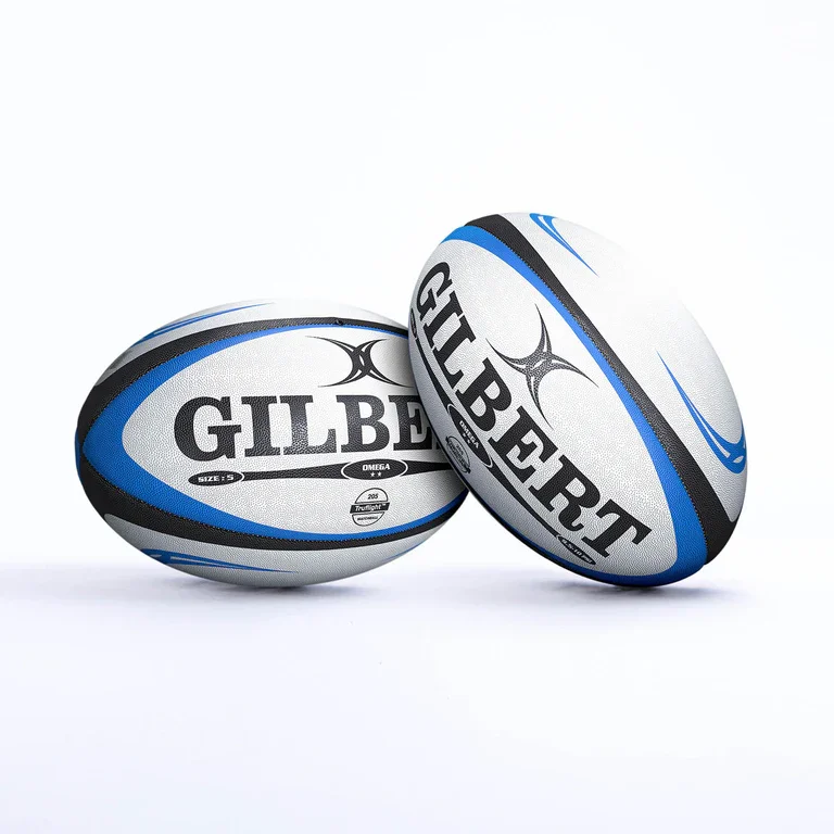 Two Gilbert branded rugby balls with blue, black, and white design and logo on a white background.
