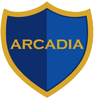 Arcadia School Dubai logo. A shield-shaped emblem with a gold border, divided vertically into blue halves, with the word 'ARCADIA' in gold in the center.