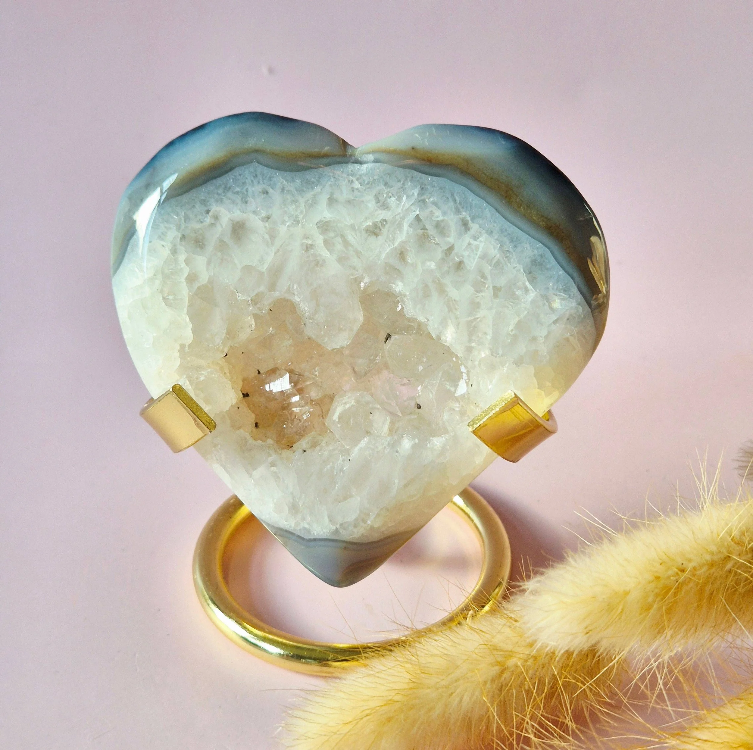 XL Druzy Grey Agate Gemstone Heart - Includes Stand - 87g