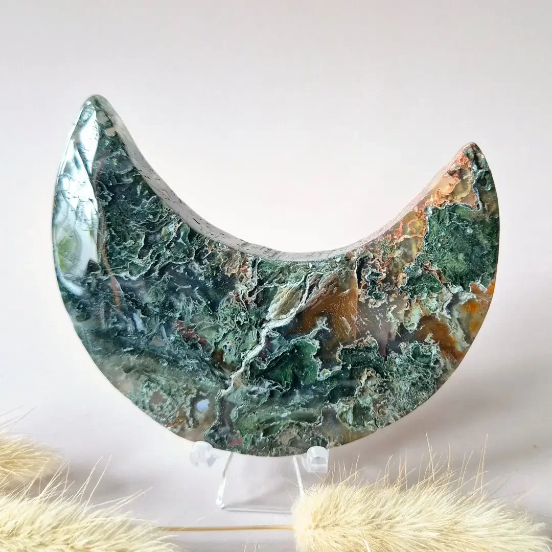Red Druzy Moss Agate Moon (8-10 cm) on stand