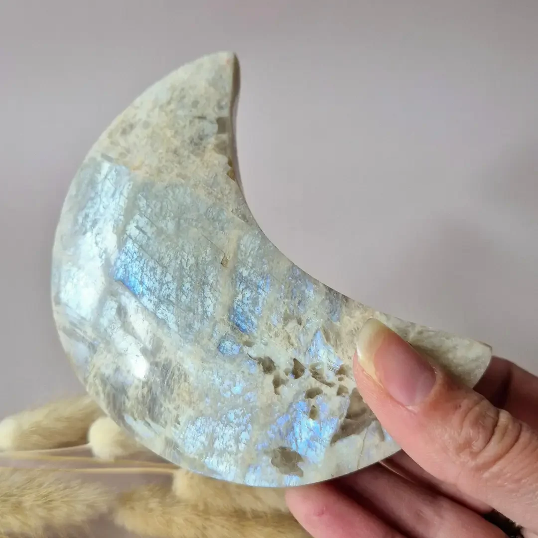 XL Blue Moonstone Moon on Metal Stand – 240g