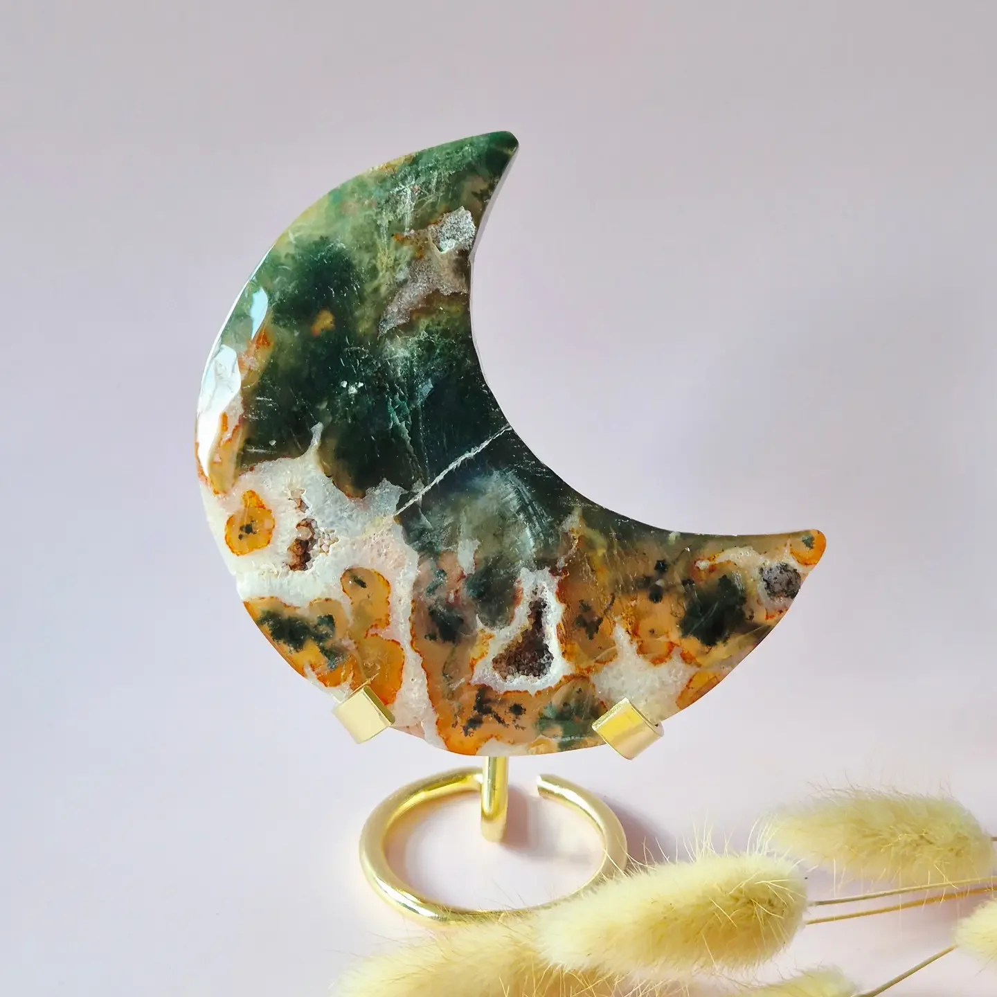 Druzy Red Moss Agate Moon on stand – 223 g gemstone statement piece