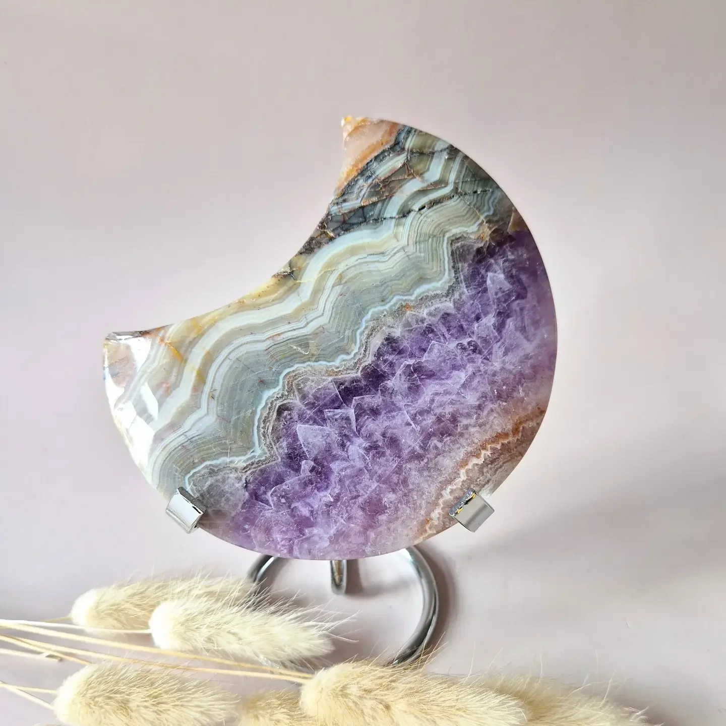 XL Amethyst Agate Gemstone Moon (360g) – Including Stand