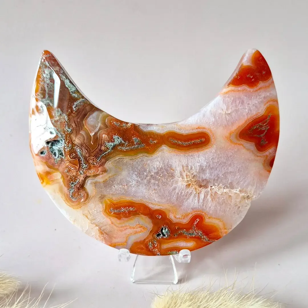 Red Druzy Moss Agate Moon (8-10 cm) on stand