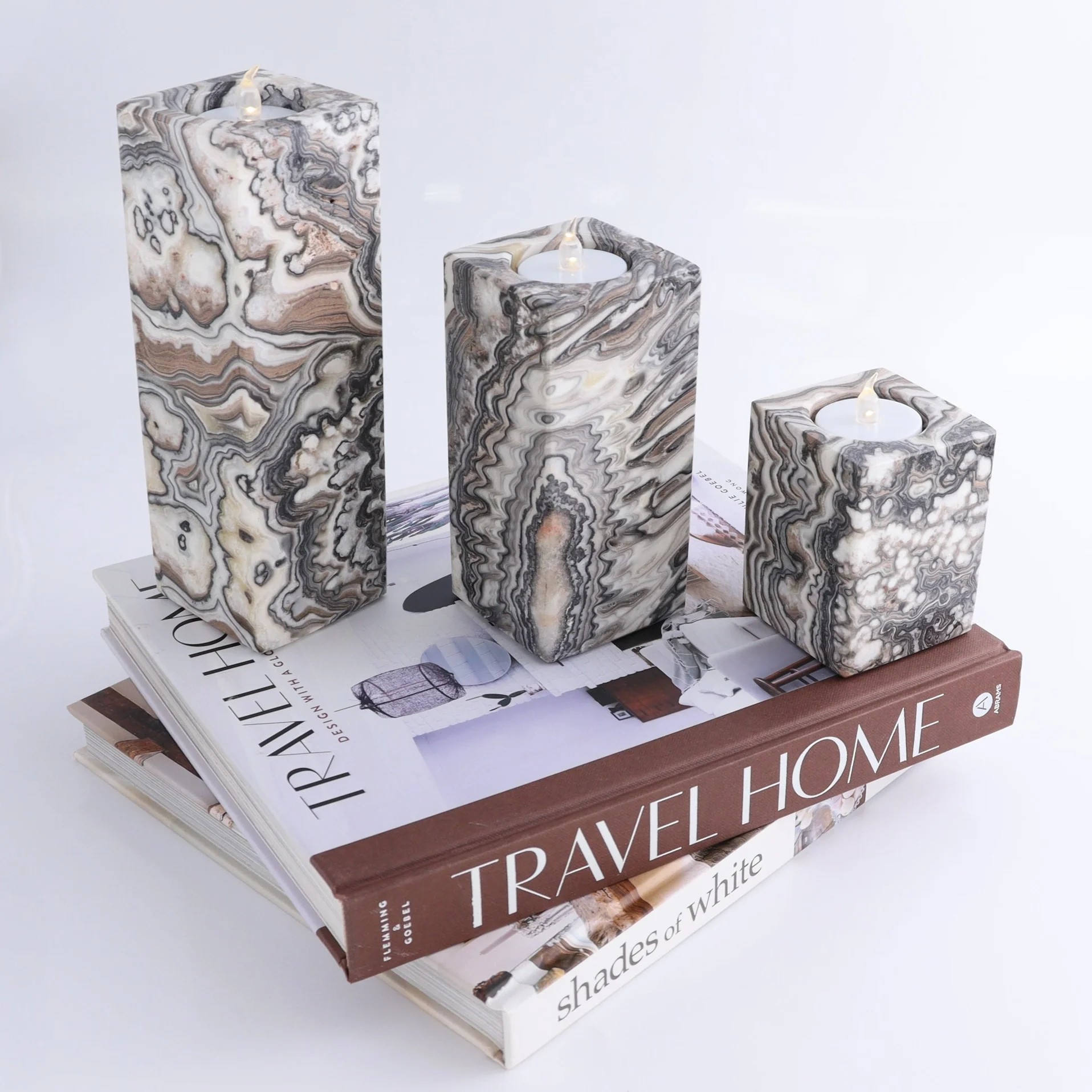 Mexican Onyx & Calcite Zebra Candle Holders Set of 3