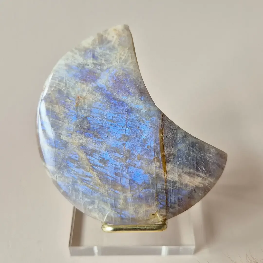 Gemstone Blue Moonstone Moon on Stand 6-8cm With Beautiful Flash