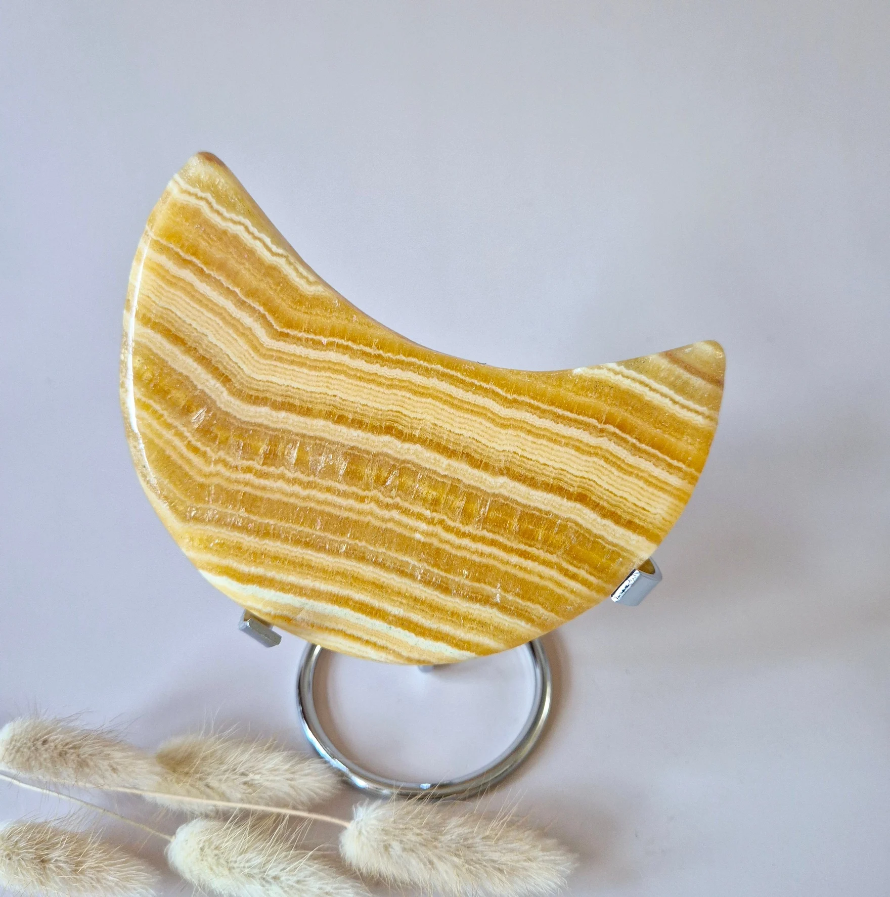 XL Yellow Calcite Moon on Metal Stand (300–350 grams)