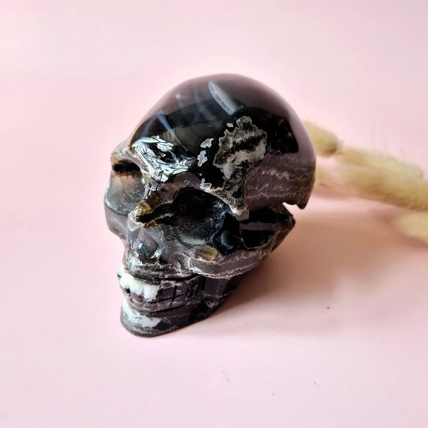 XL Gemstone Druzy Skull UV-reactive Volcano Agate Skull 474 grams