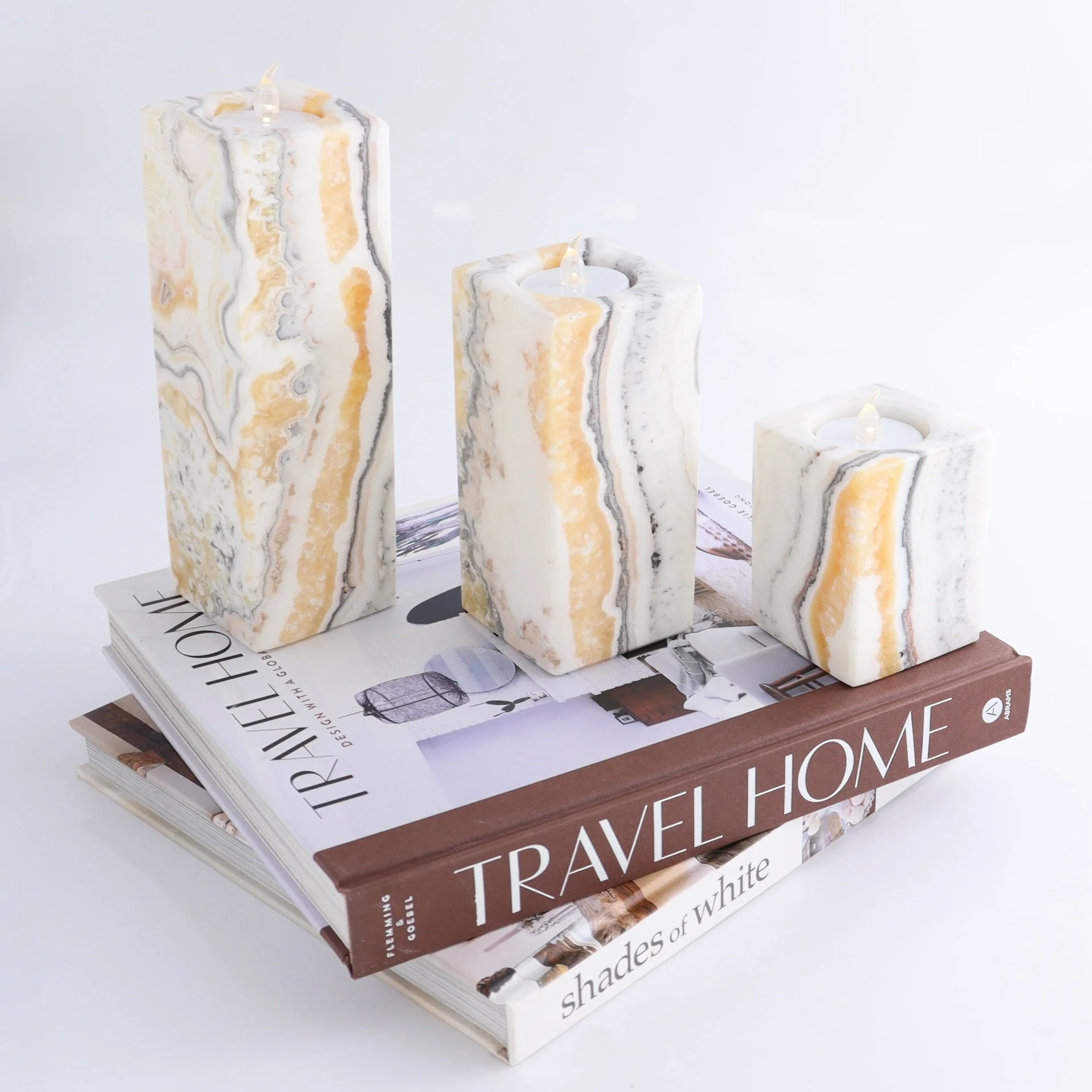 Mexican Onyx & Calcite Zebra Candle Holder Set - Yellow & White