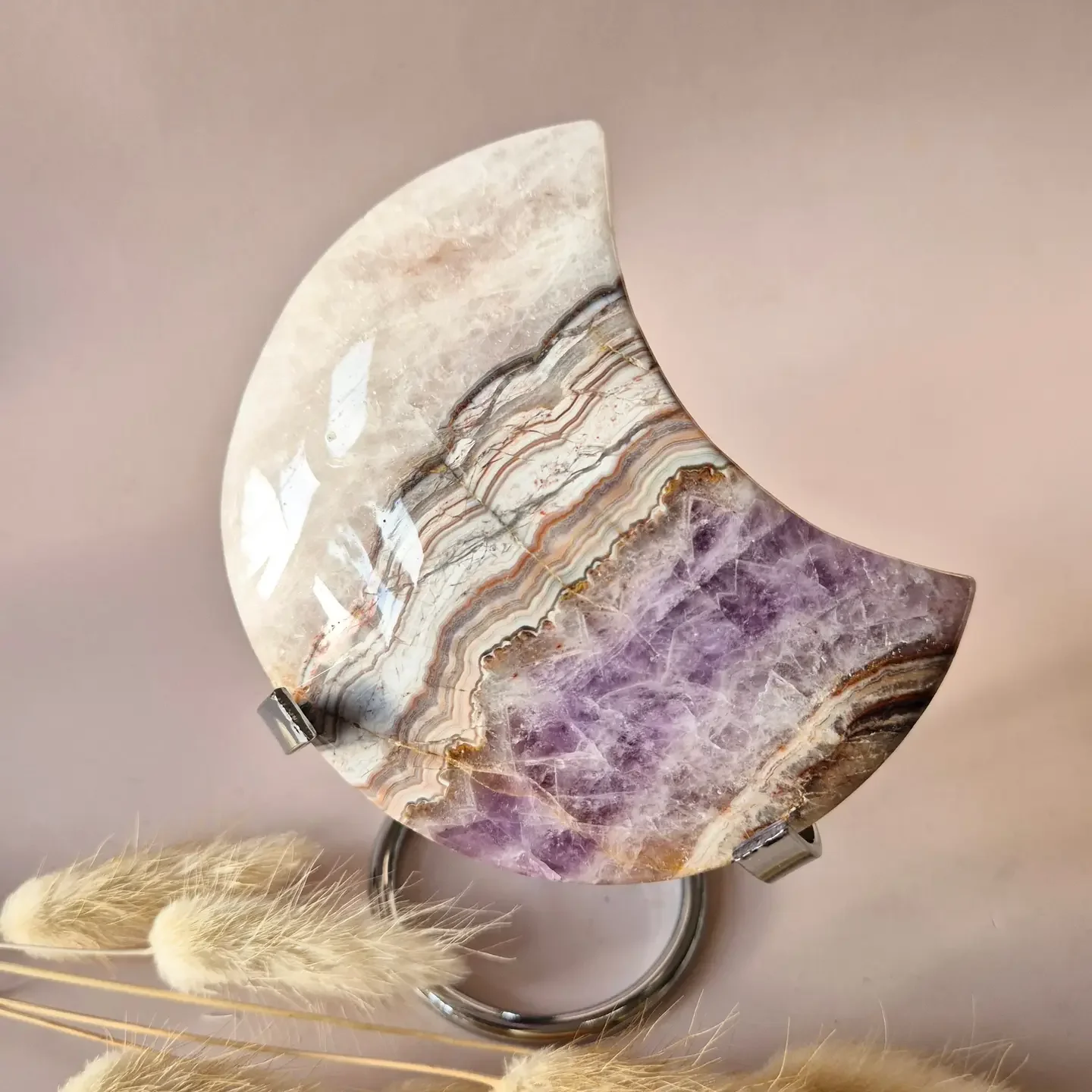 XL Amethyst Agate Gemstone Moon (290g) – Including Stand