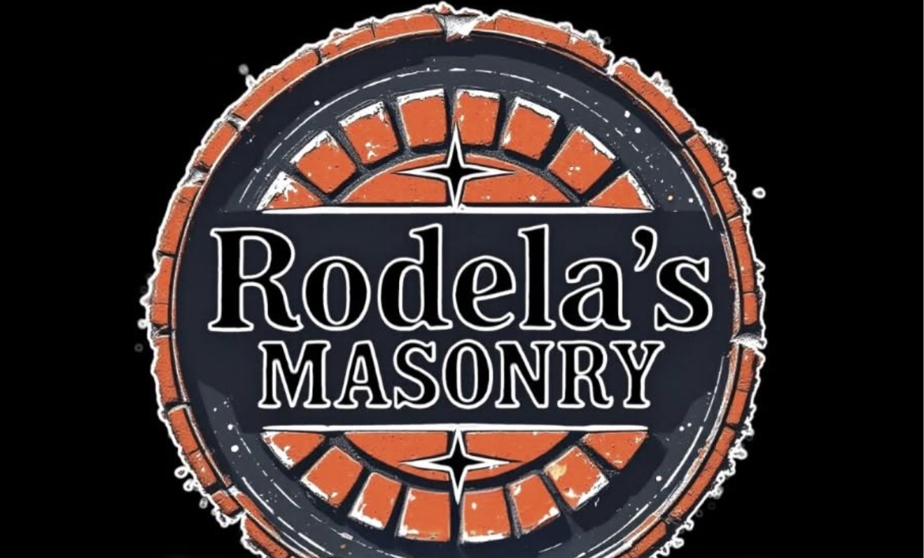 Rodela’s Masonry logo featuring bold white lettering on a distressed circular red and dark gray brick design.