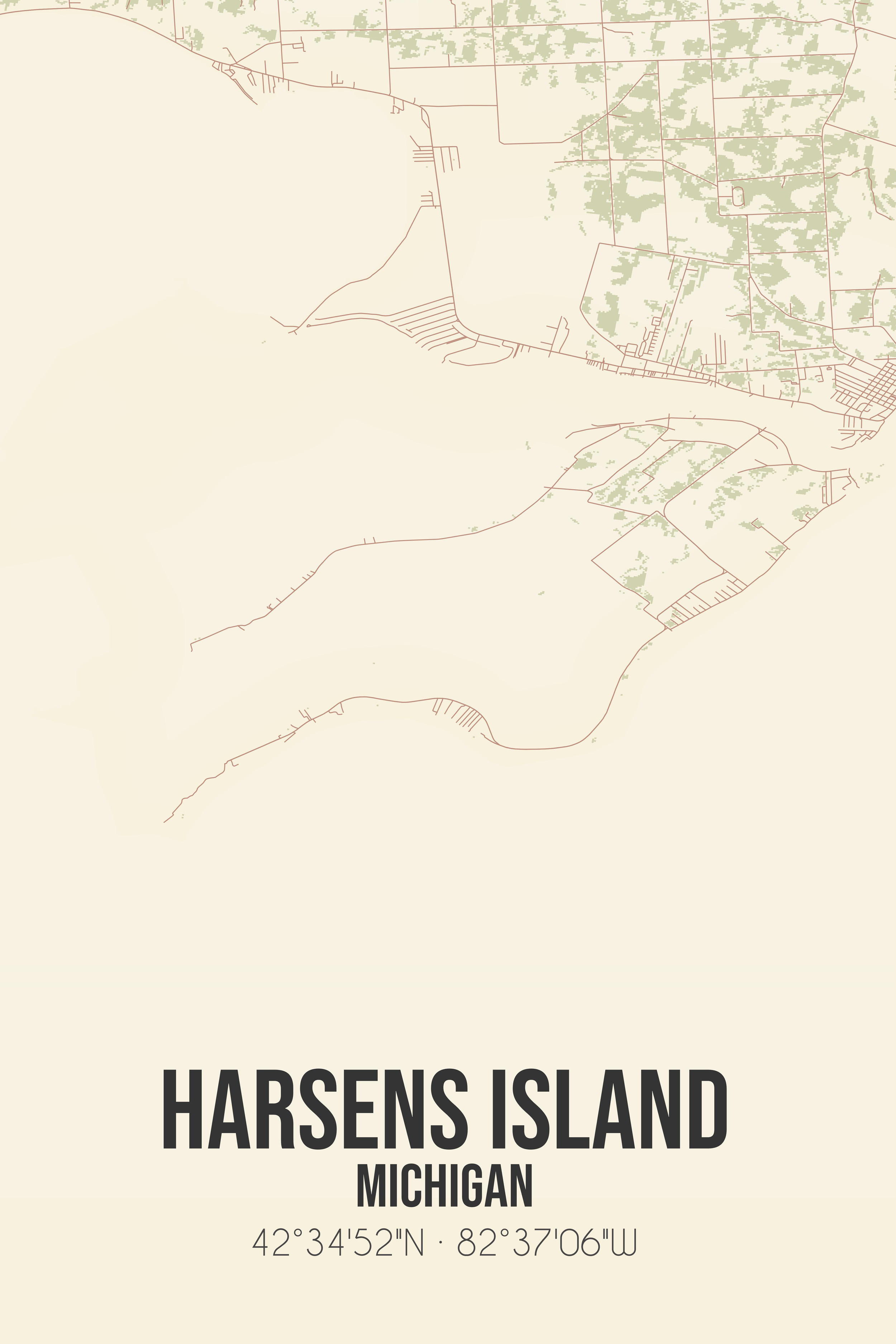 Map of Harsens Island in Michigan showing roads and surrounding land with textual information including geographic coordinates 42°34'52"N 82°37'06"W. Fancy fish charters.