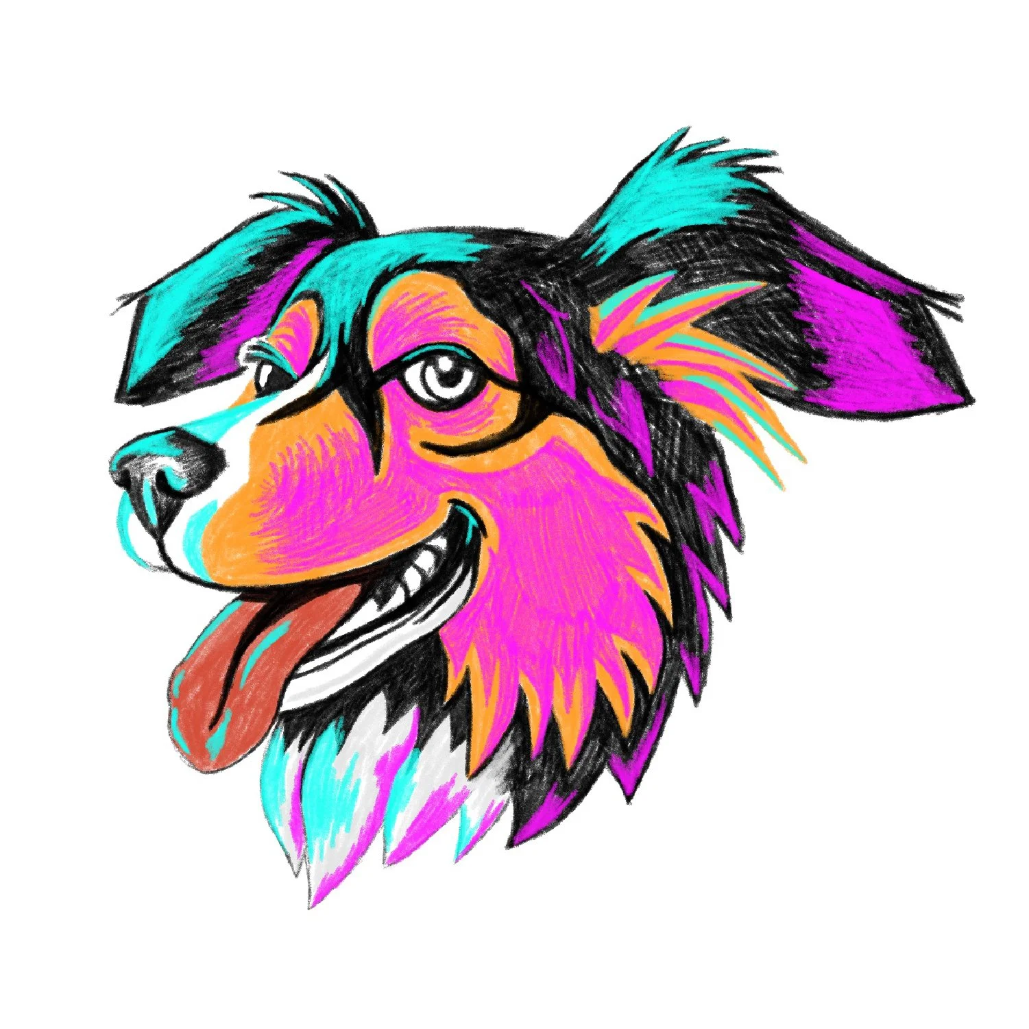 Hand-drawn Tame Dog logo concept in Synthwave style, featuring Leia in bold neon colors.