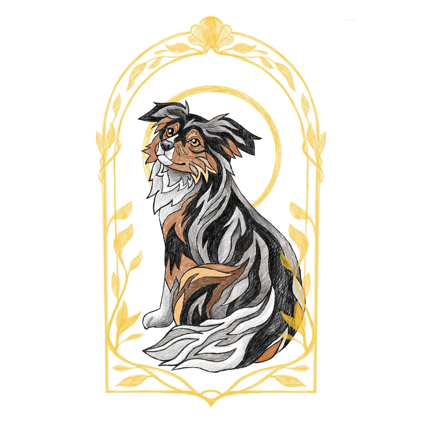 Hand-drawn Tame Dog logo concept in Art Nouveau style, featuring Leia in a golden arch with leaf patterns. The winning direction.