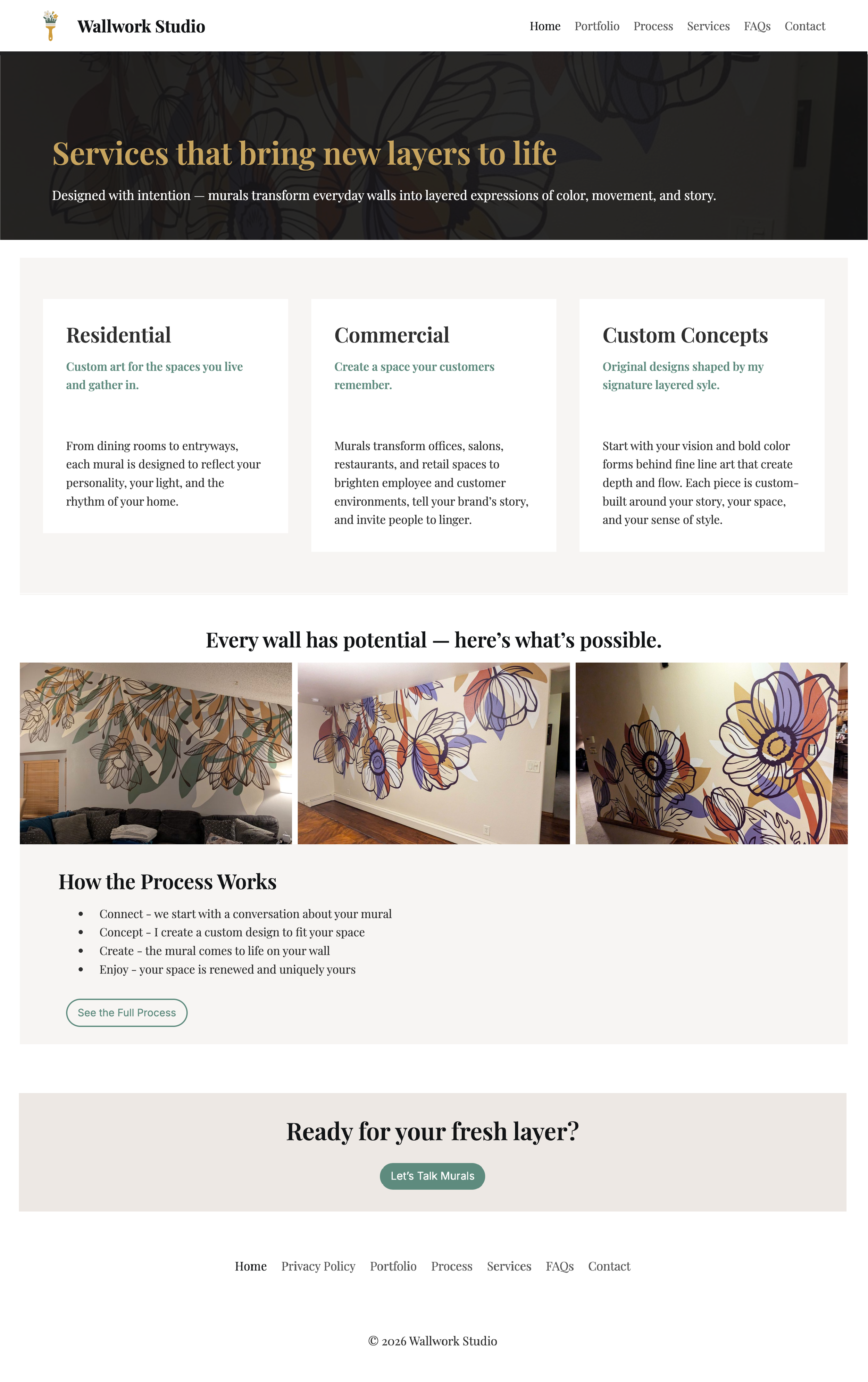 Wallwork Studio website services page showing three mural service offerings: residential, commercial, and custom.