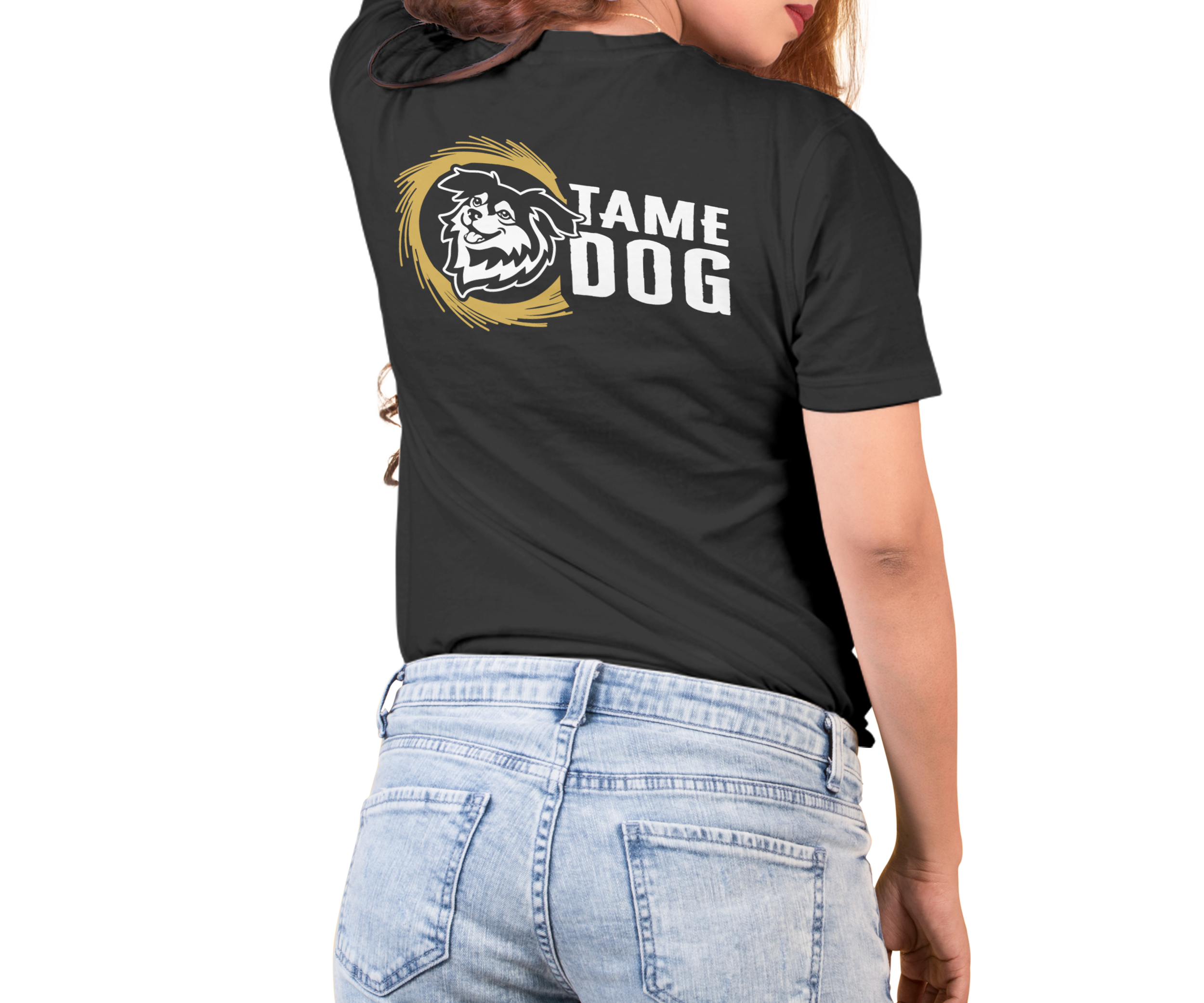Tame Dog logo printed on a black t-shirt, worn casually with jeans.