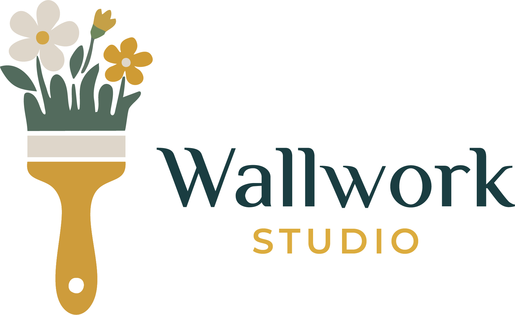 Final Wallwork Studio logo featuring a paintbrush blooming into a bouquet of flowers, in dark teal and gold.