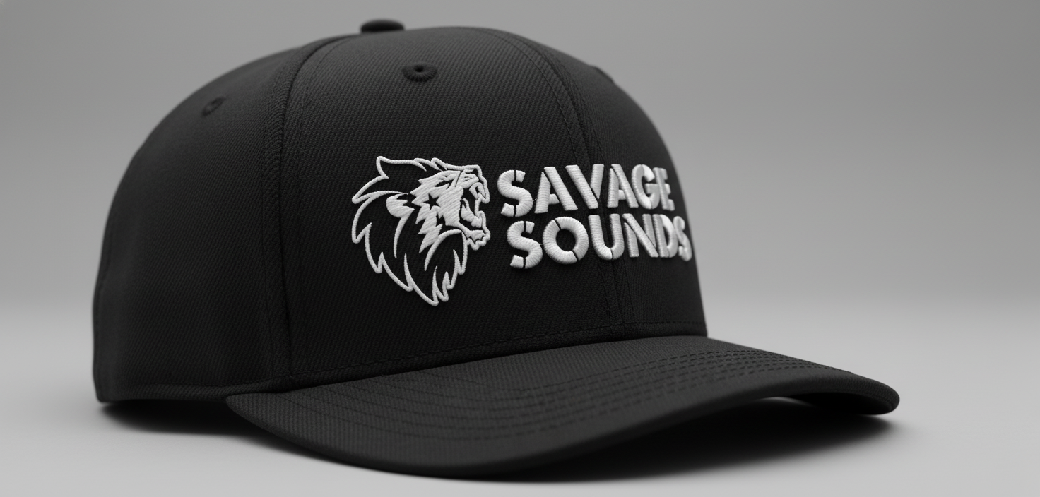 Savage Sounds logo embroidered on a black baseball cap, featuring the lion mark and brand name.