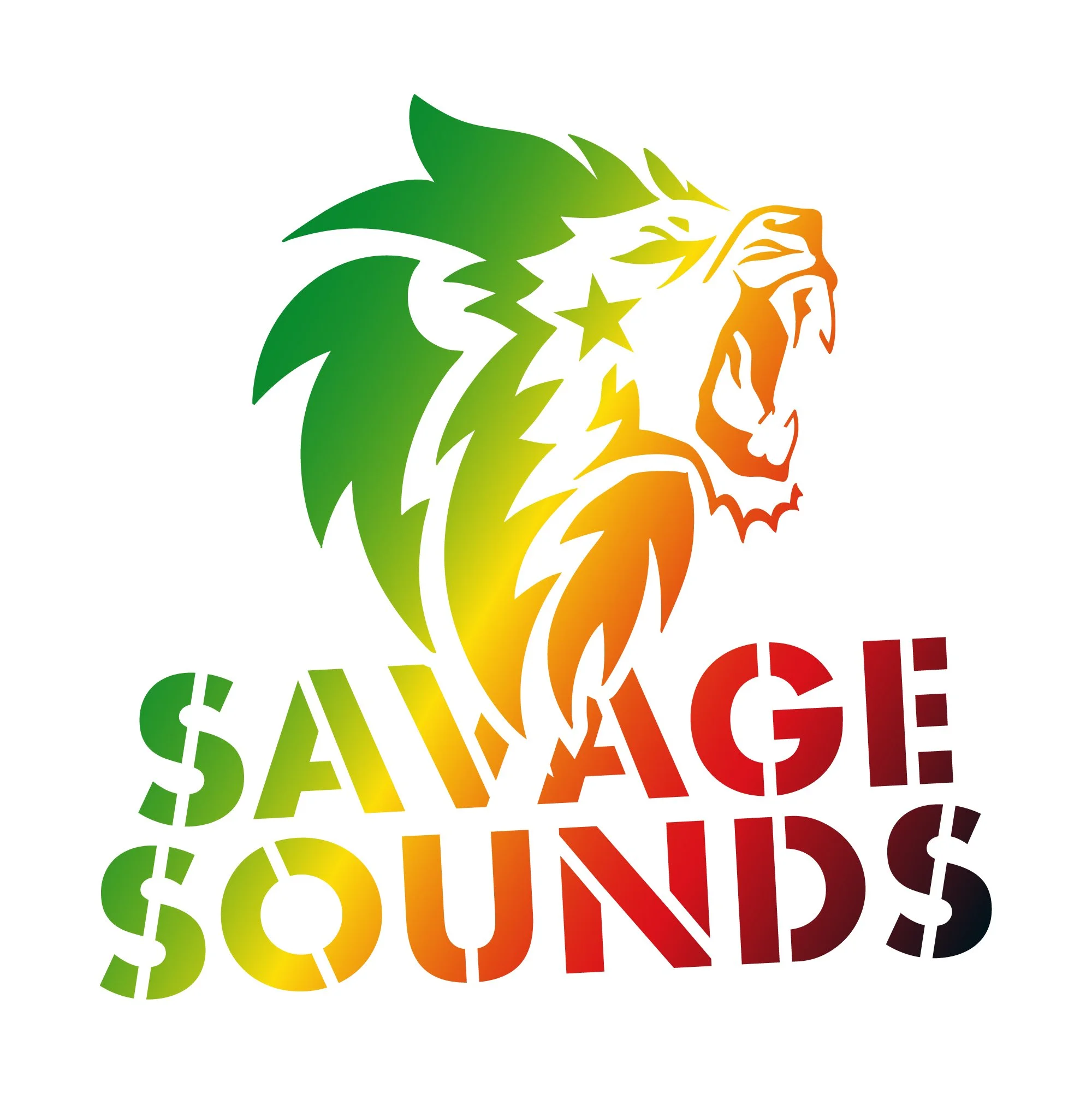Savage Sounds logo variation with stacked text and colorful roaring lion.