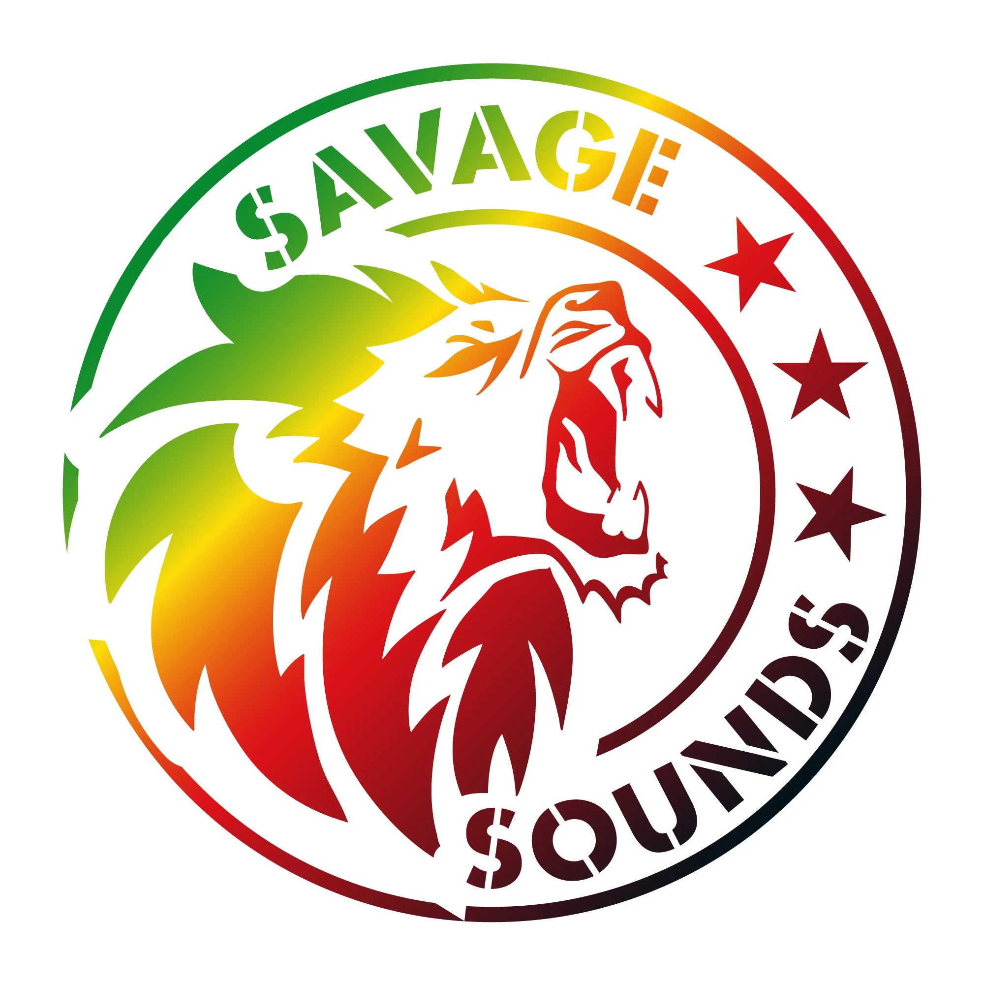 Savage Sounds logo variation with circular layout and rainbow gradient roaring lion.
