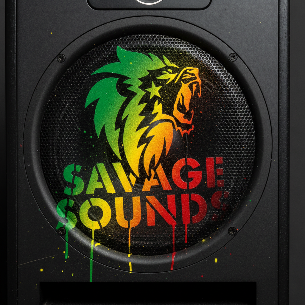 Savage Sounds logo spray painted on a specialty speaker, the brand on the product it was built for.