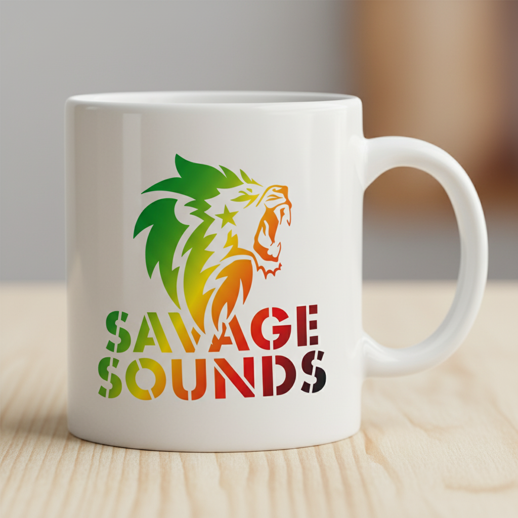 Savage Sounds logo printed on a white coffee mug.