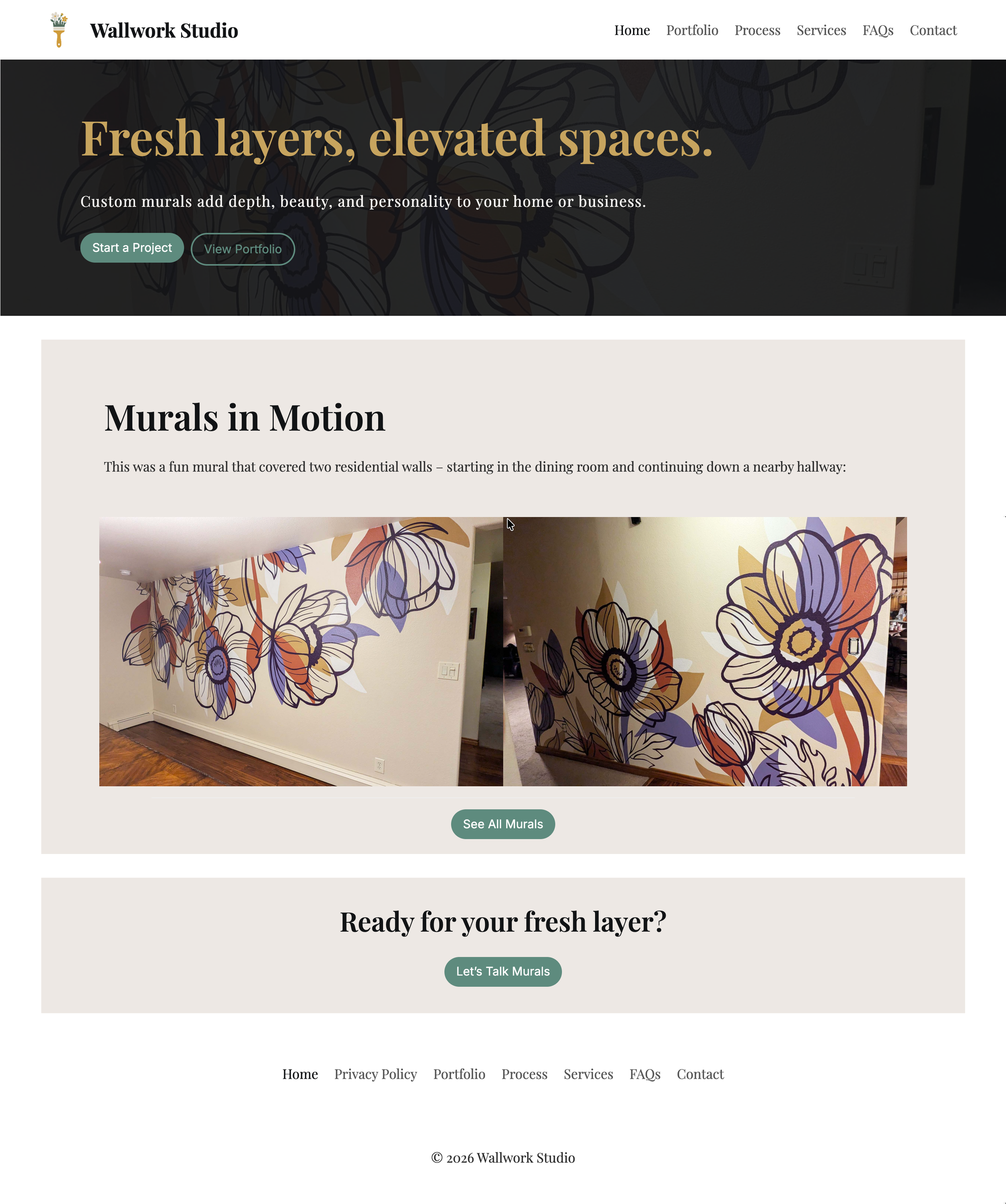 Wallwork Studio website homepage with hero text "Fresh layers, elevated spaces" and floral mural imagery.