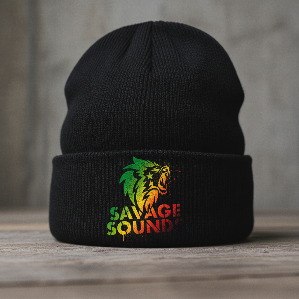 Savage Sounds logo embroidered on a black beanie.