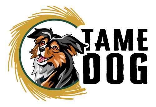 Tame Dog horizontal logo featuring Leia inside a golden brushstroke circle.