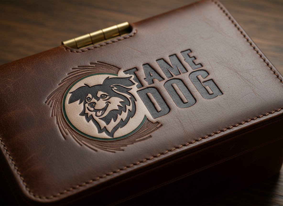Tame Dog logo embossed on a brown leather box, showing the dog mark and brand name.