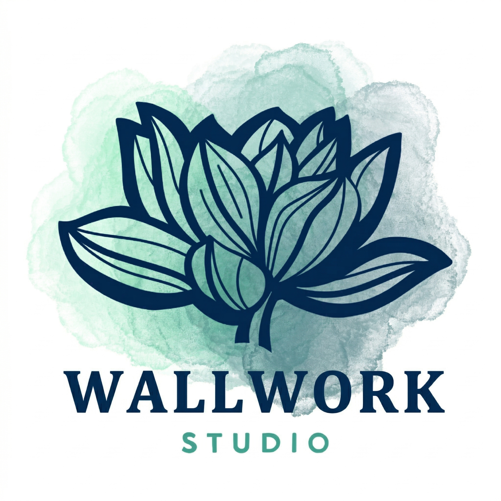 Wallwork Studio logo concept featuring a stylized lotus flower on a watercolor background.