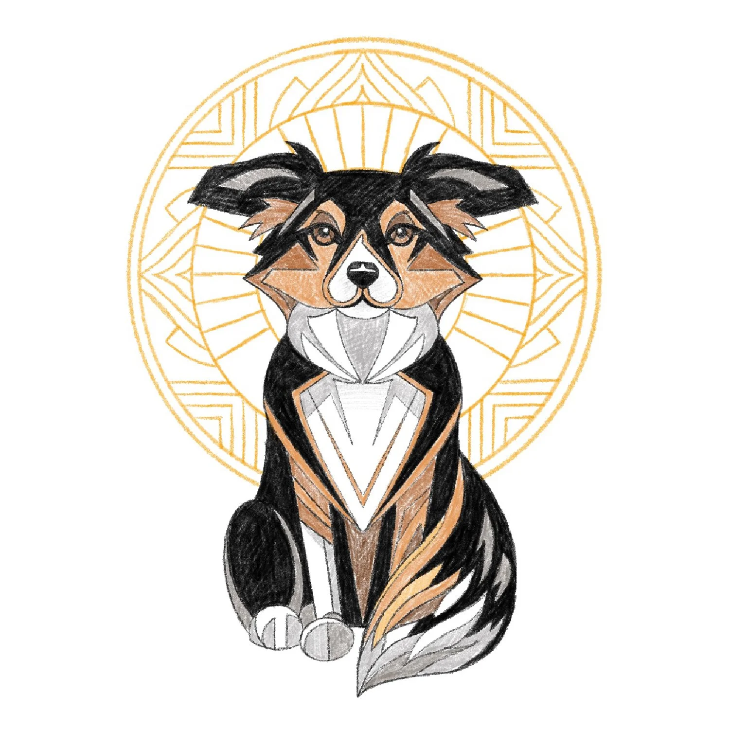 Hand-drawn Tame Dog logo concept in Art Deco style, featuring Leia with a golden halo and geometric details.