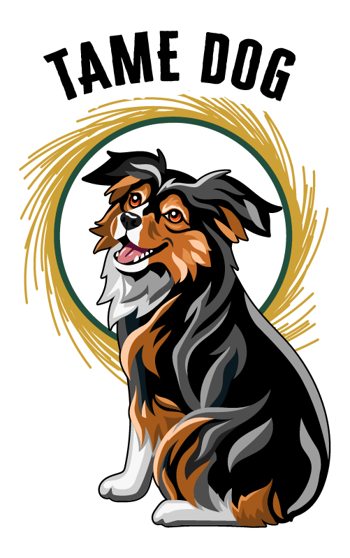 Tame Dog stacked logo featuring Leia inside a golden brushstroke circle.
