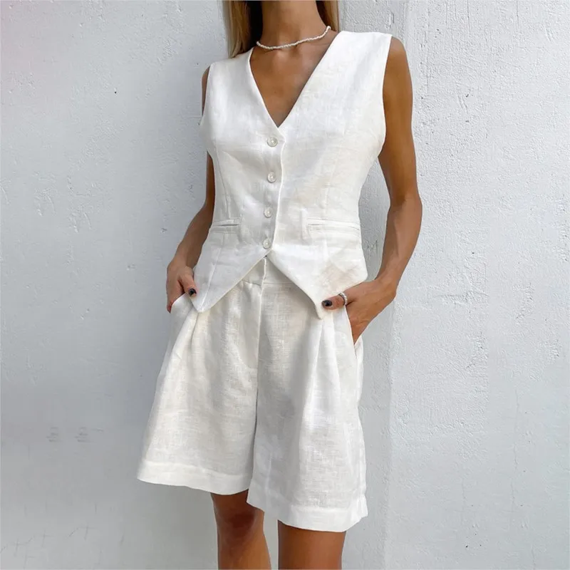 Womens 2 Piece Cotton Vest and Shorts Set Casual V Neck Waistcoat Summer Outfit