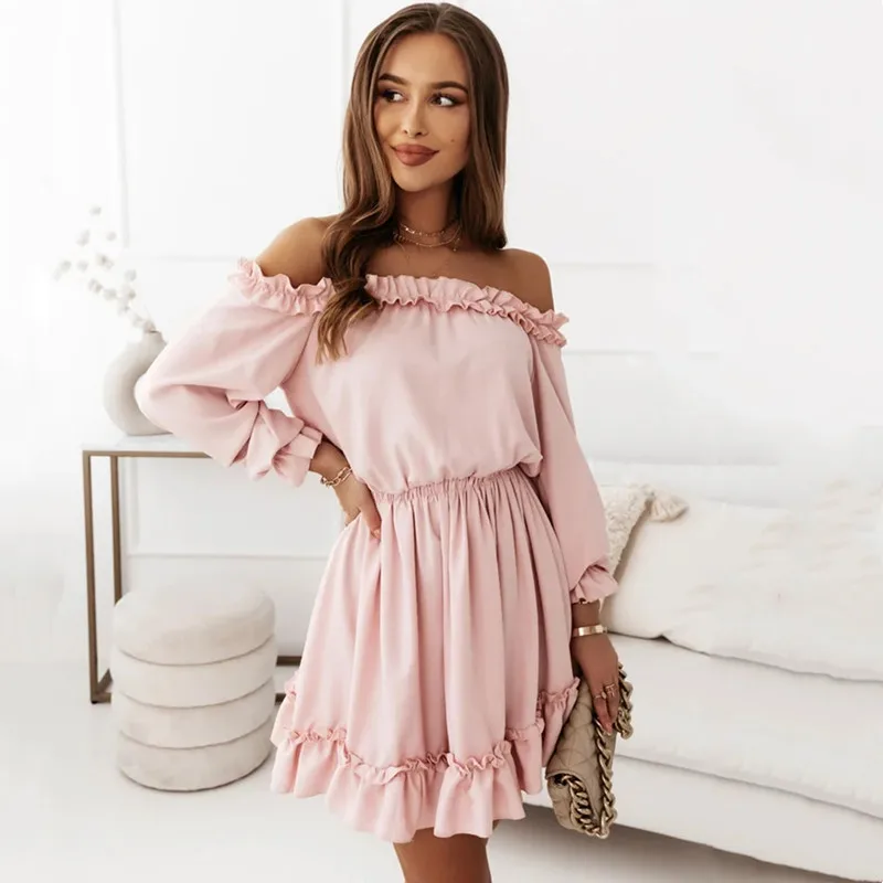 Summer High Waist A-Line Skirt Long Sleeve One Shoulder Casual Dress for Women