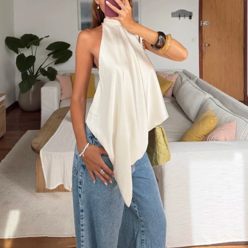 Satin Lace Up Halter Neck Vest Asymmetrical Backless Camisole Top for Women