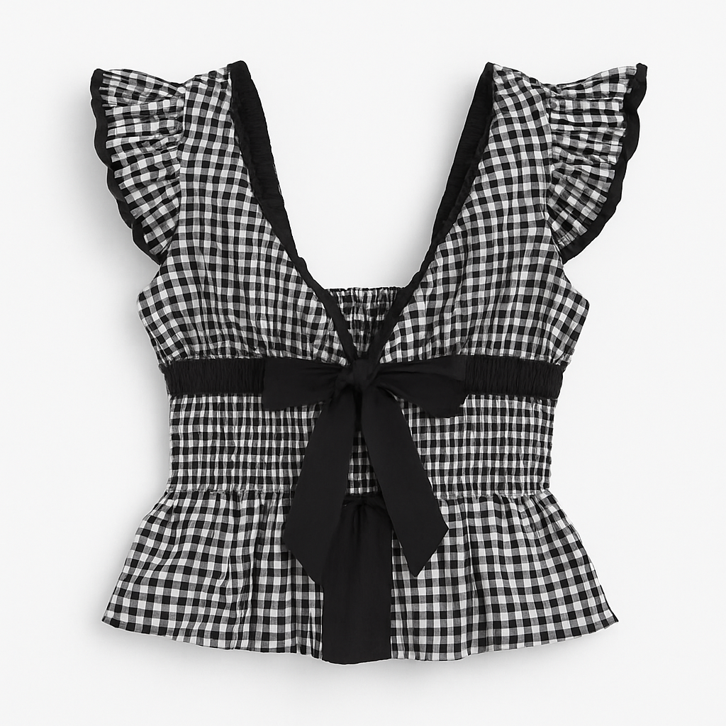 Women Plaid Balloon Sleeve Bow Top Spring Summer Vintage Party Casual Shirt