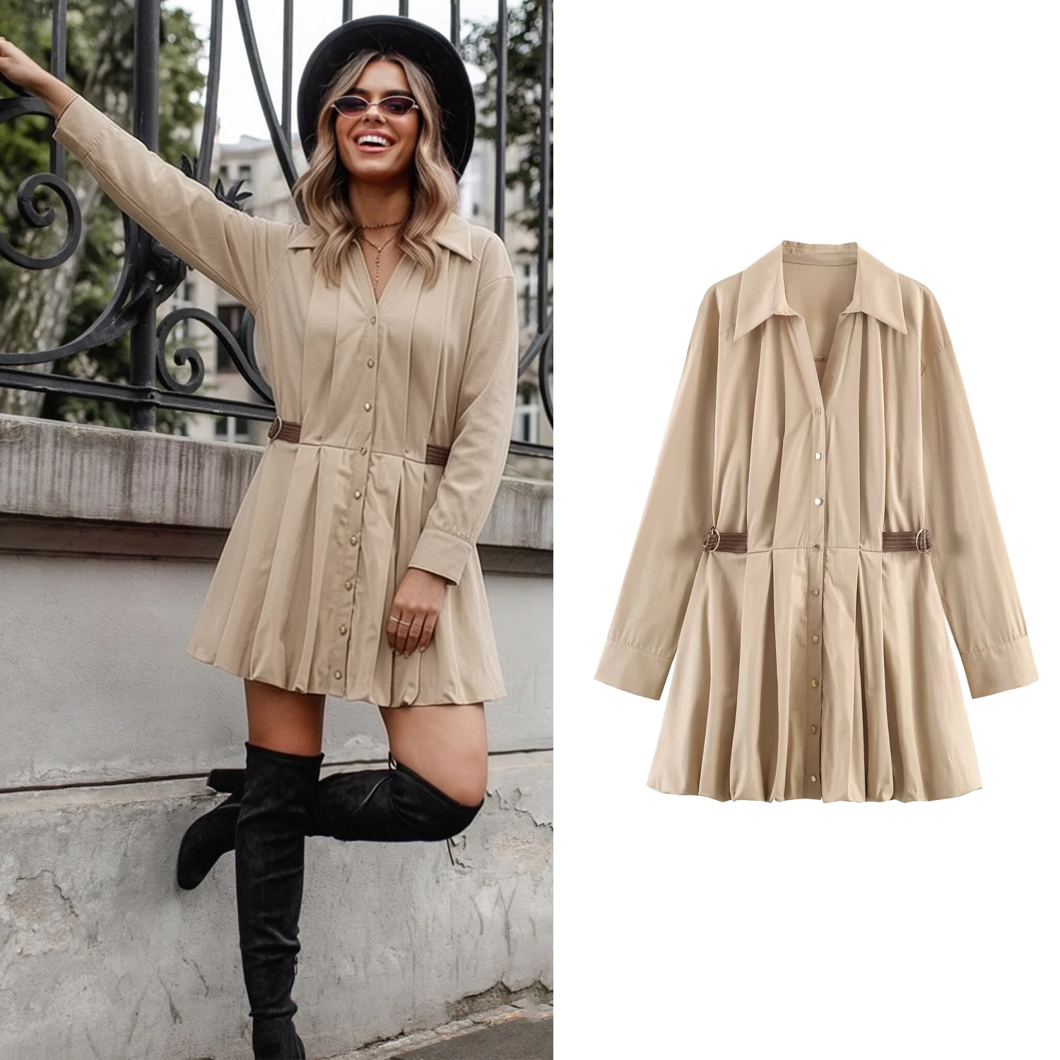 Chic Womens Mini Shirt Dress Pleated High Waist Casual Spring Long Sleeve