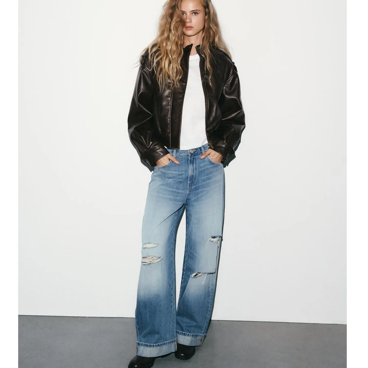 Womens High Waist Loose Fit Cuffed Denim Jeans Casual Torn Detail Long Style