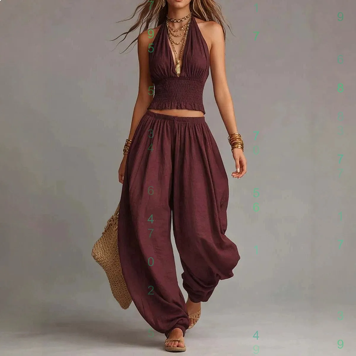 Boho Cotton Linen Halter Top and Lantern Pants Set
